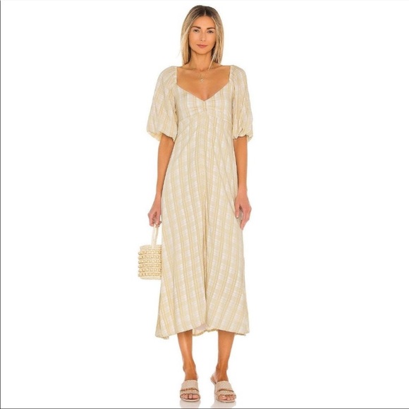 Faithfull the Brand Check Imanie Midi Dress in Beige - Picture 1 of 10